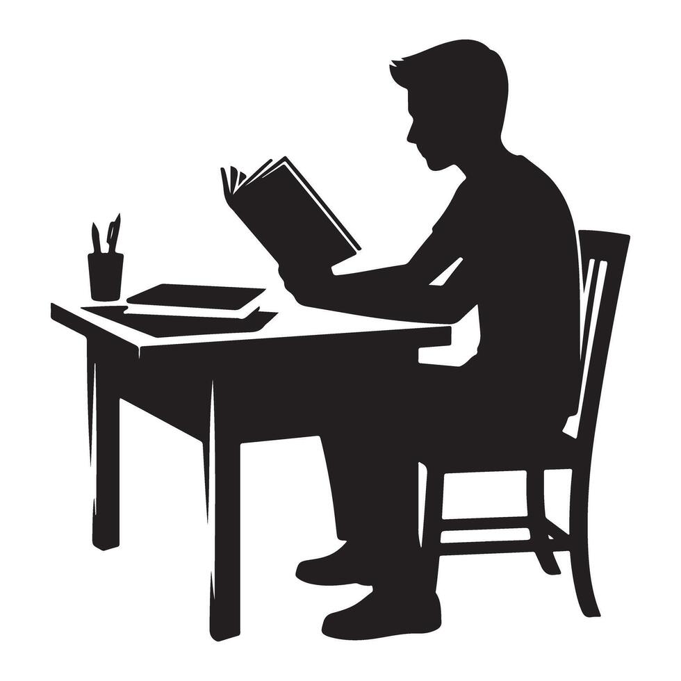 Focused Student Silhouette Studying and Reading Book at Desk vector