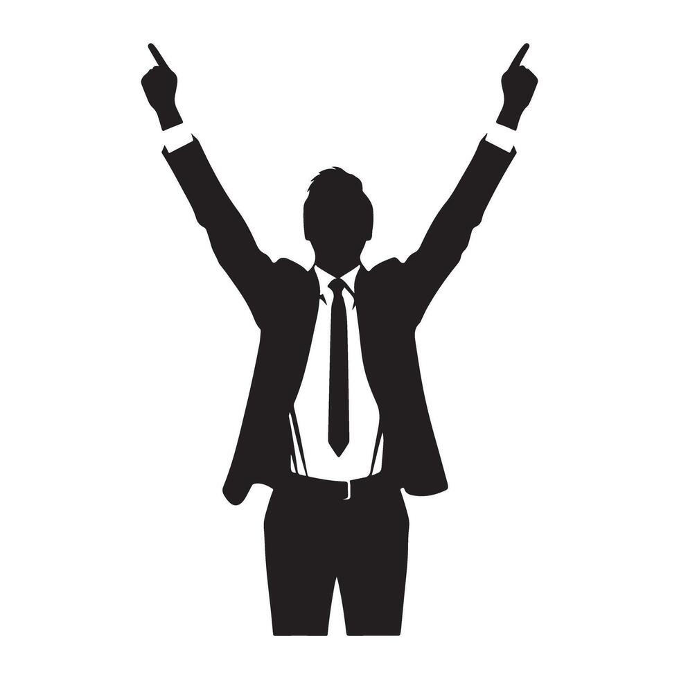 Silhouette businessman celebrating success with raised hands design vector