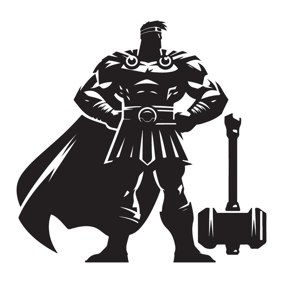 Silhouette of Powerful Superhero with Hammer Illustration Graphic vector