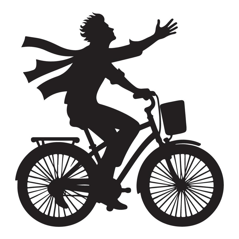 Happy man with scarf riding bicycle silhouette illustration design vector