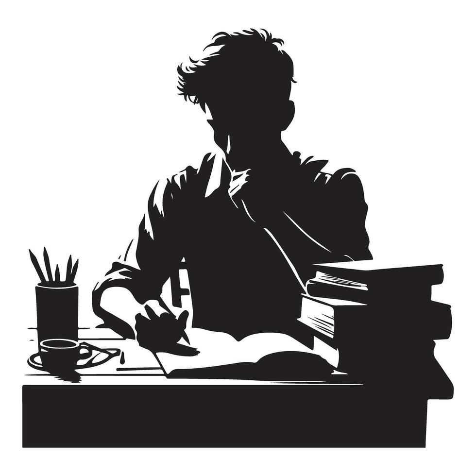 Student studying hard silhouette illustration with books and coffee vector