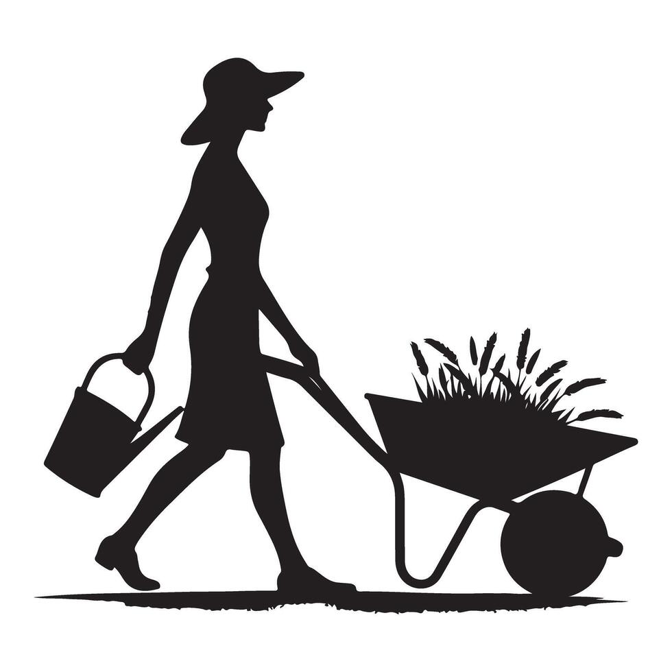 Silhouette Woman Gardening with Wheelbarrow and Bucket Illustration vector