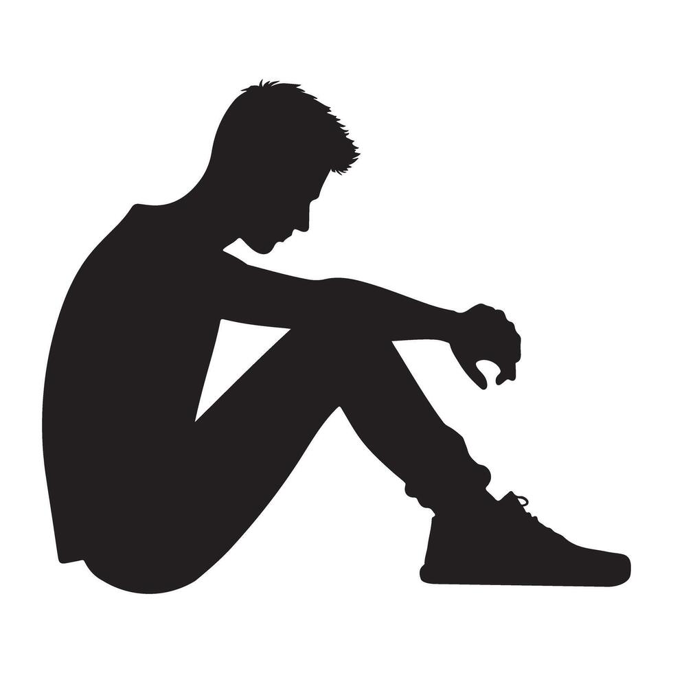 Sad Man Sitting Alone Silhouette Graphic Illustration vector