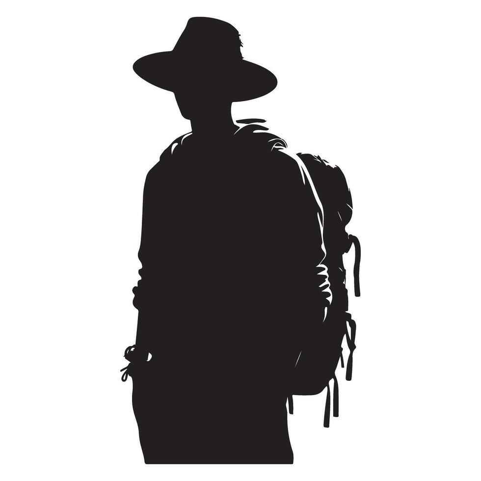 Adventurer Silhouette with Backpack Traveling and Exploring the World vector