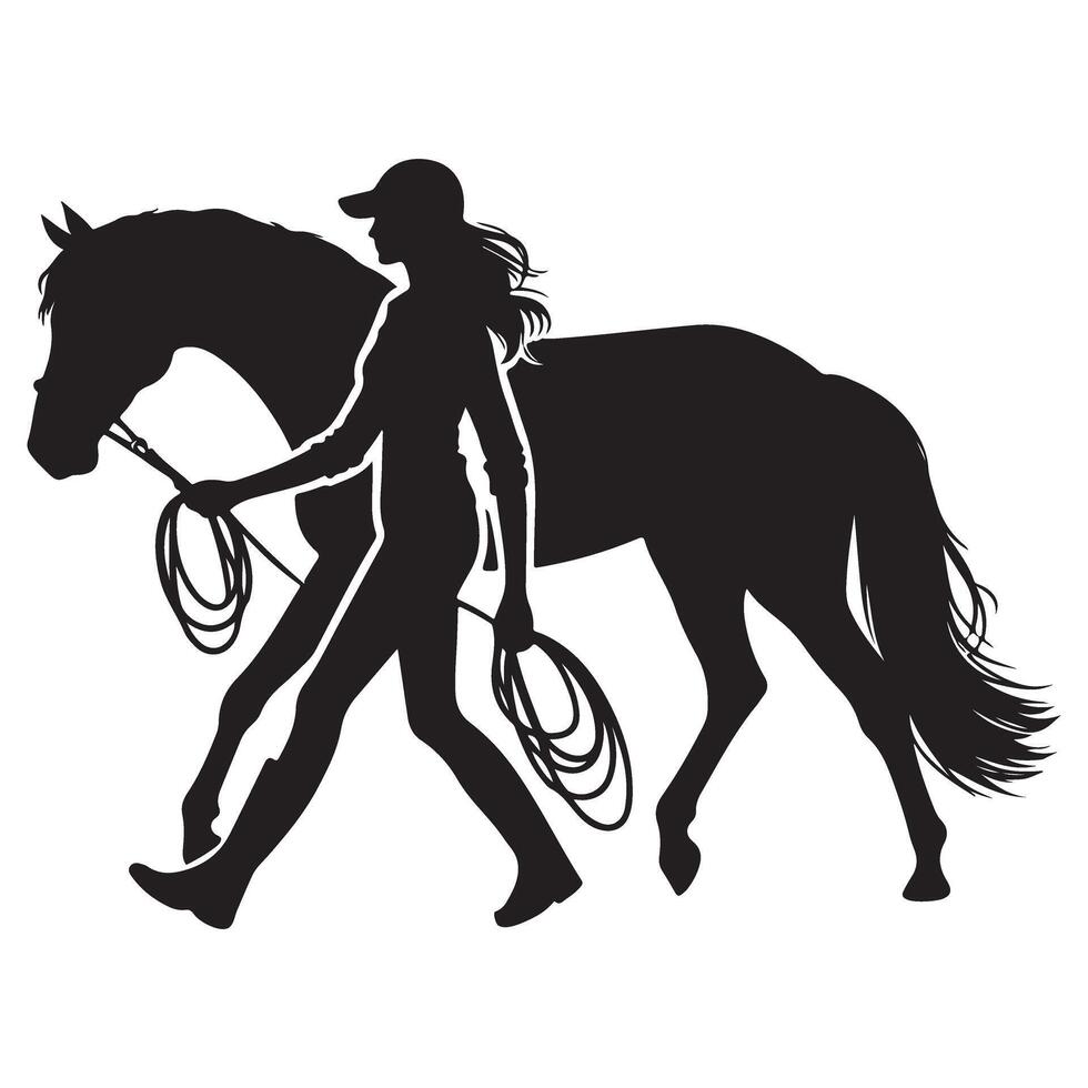 Silhouette Woman Walking Horse Animal Training Illustration vector