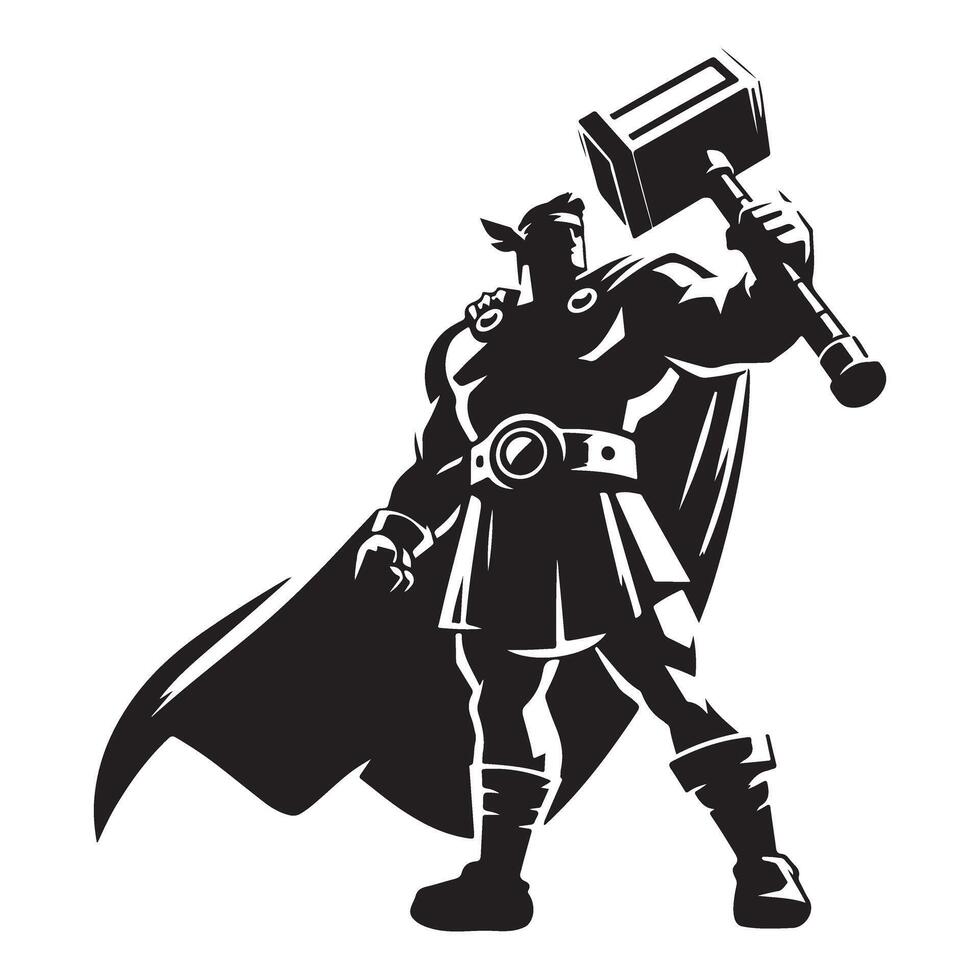 Silhouette Illustration of Thor Holding Hammer Mjolnir Art vector