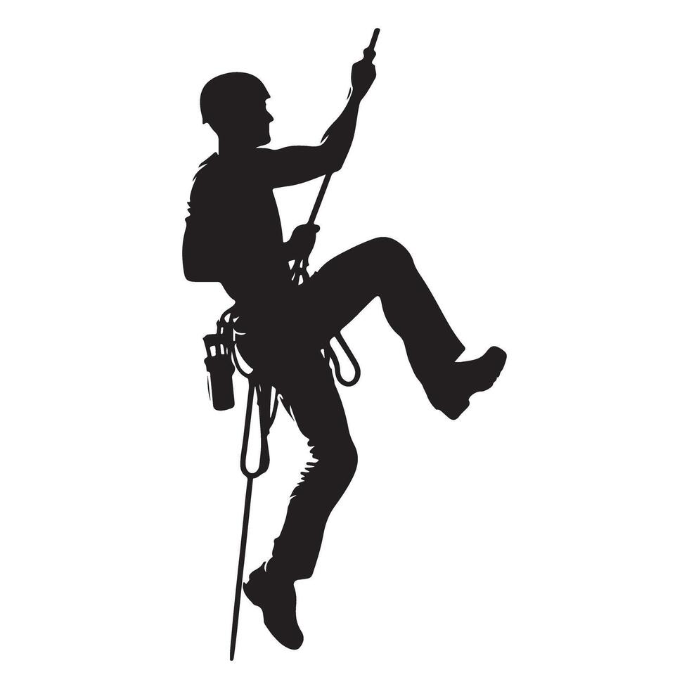 Silhouette of mountain climber ascending rock face with gear vector