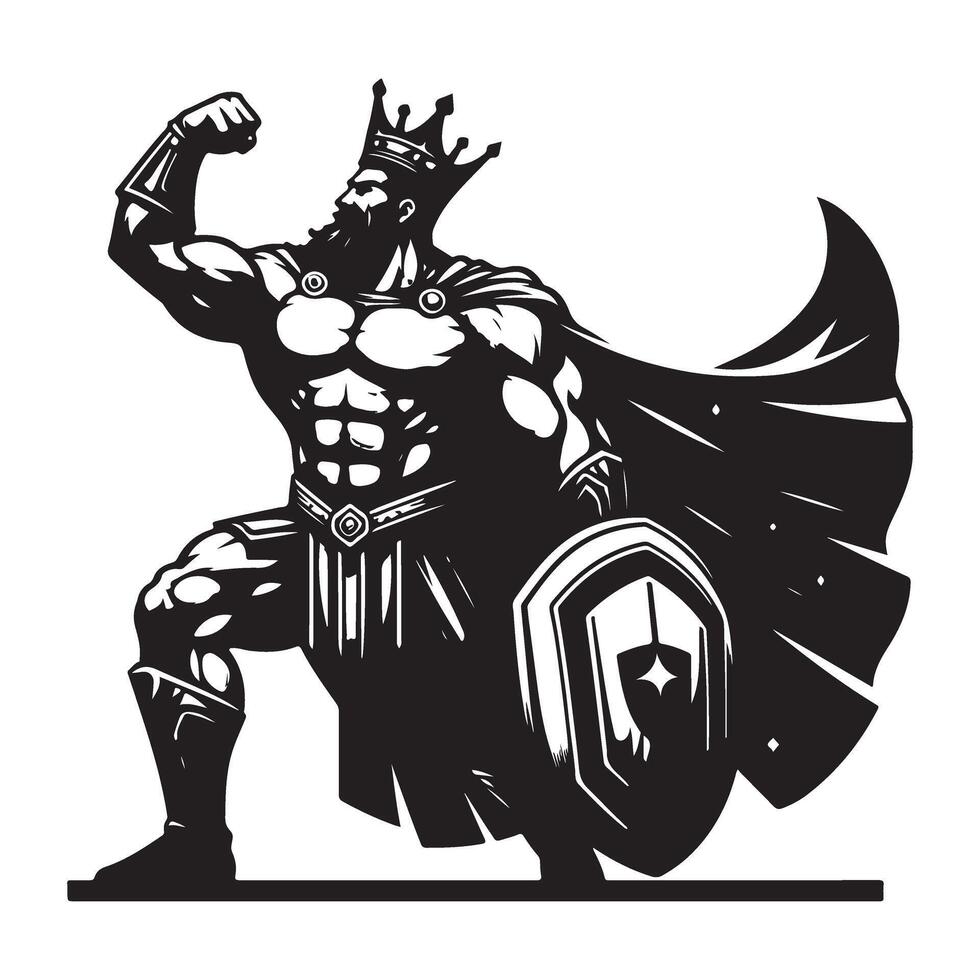 Powerful king silhouette illustration with crown and shield vector