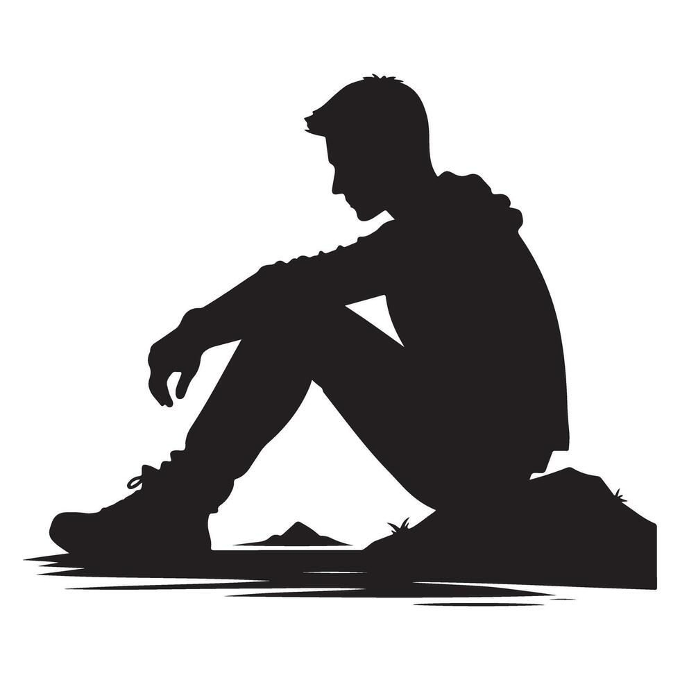 Pensive Man Silhouette Sitting Down Illustration Art Image vector