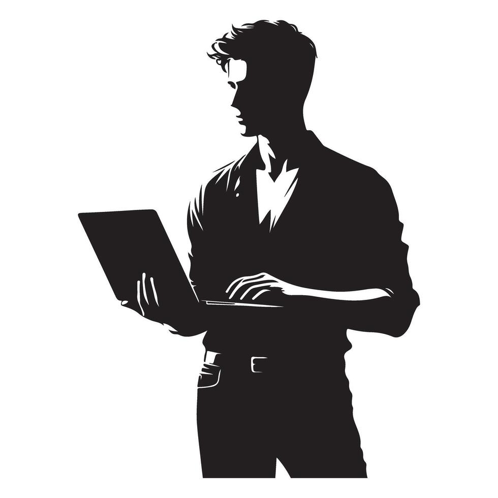 Modern Man Using Laptop Silhouette Illustration for Website Graphic vector