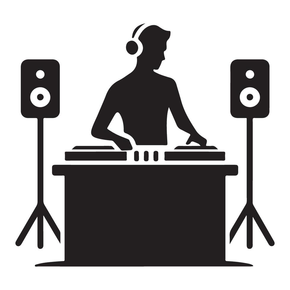 Silhouette of DJ Mixing Music on Turntables at Party vector