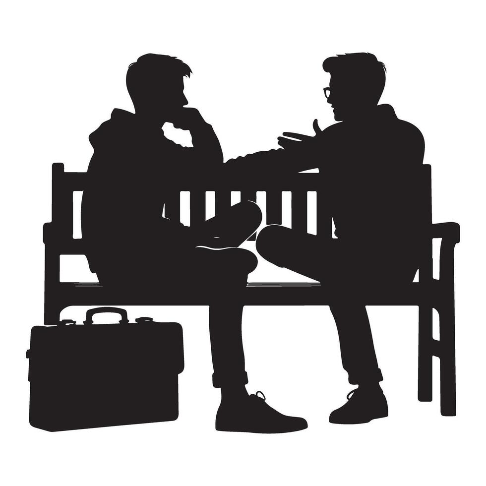 Silhouette Illustration of Two Friends Talking on Bench vector