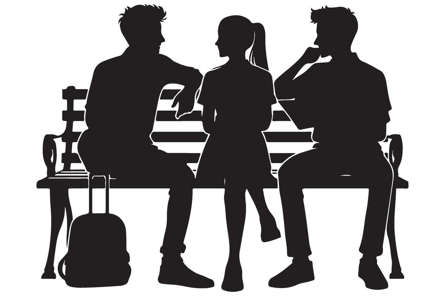 Silhouette of Three People Sitting on Park Bench Illustration vector