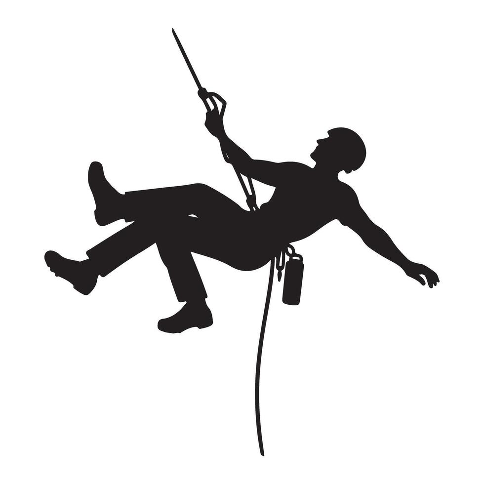 Silhouette of a rappelling climber descends with control and confidence vector