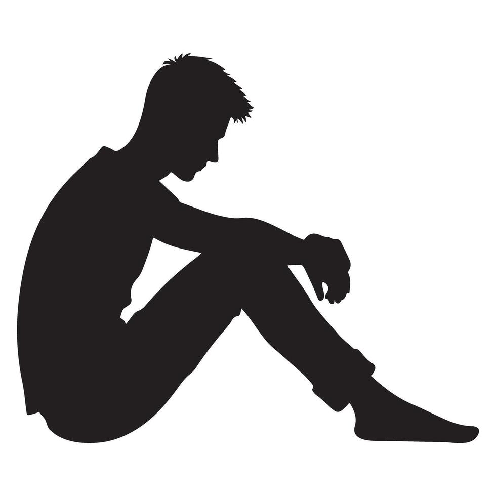 Silhouette of a sad young man sitting with head down vector