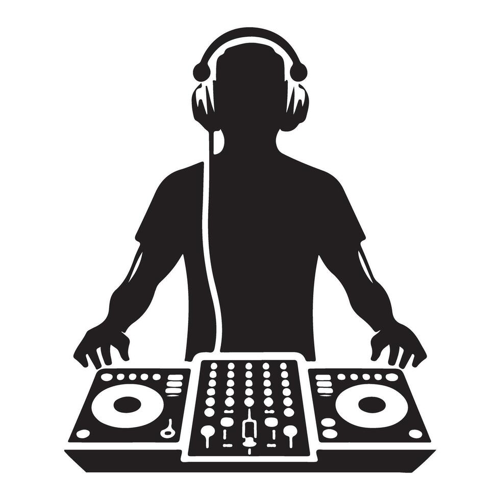 Silhouette DJ at the Turntable Mixing Music for Party vector