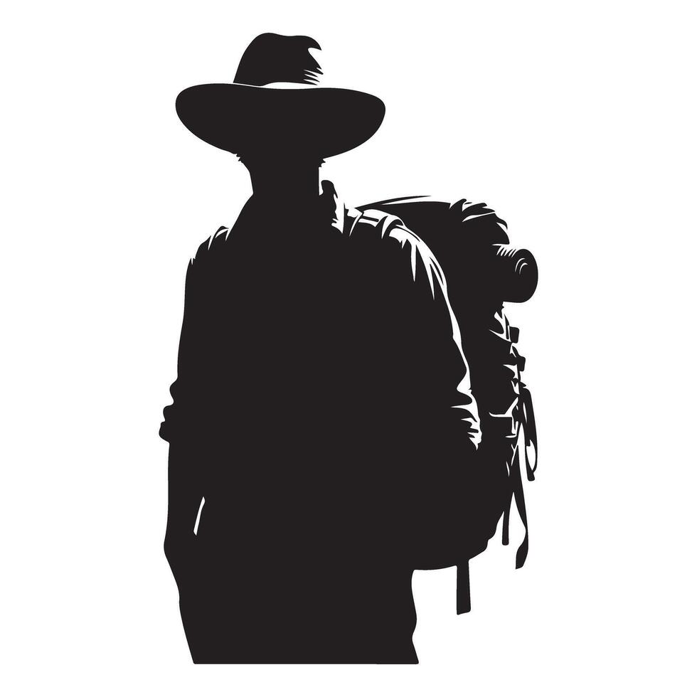 Adventurer with backpack and hat silhouette illustration vector