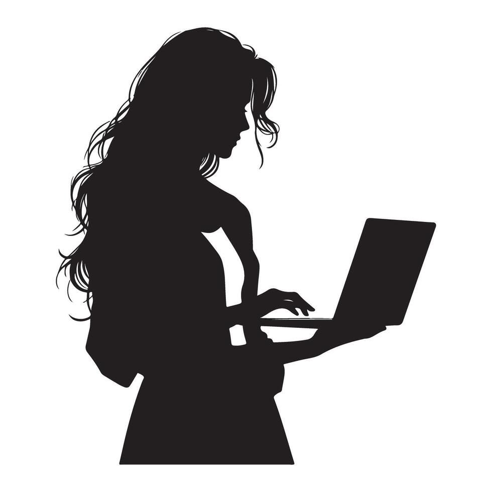 Woman working on laptop silhouette illustration for business vector