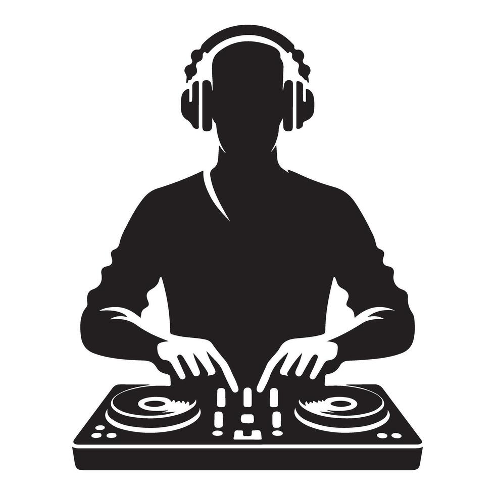 DJ silhouette playing music on turntable for club events graphics vector
