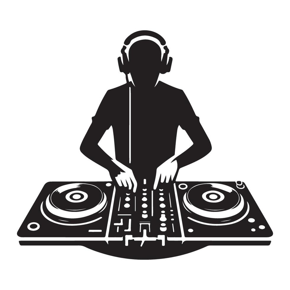 Skilled DJ Silhouette Playing Music on Turntables Icon vector