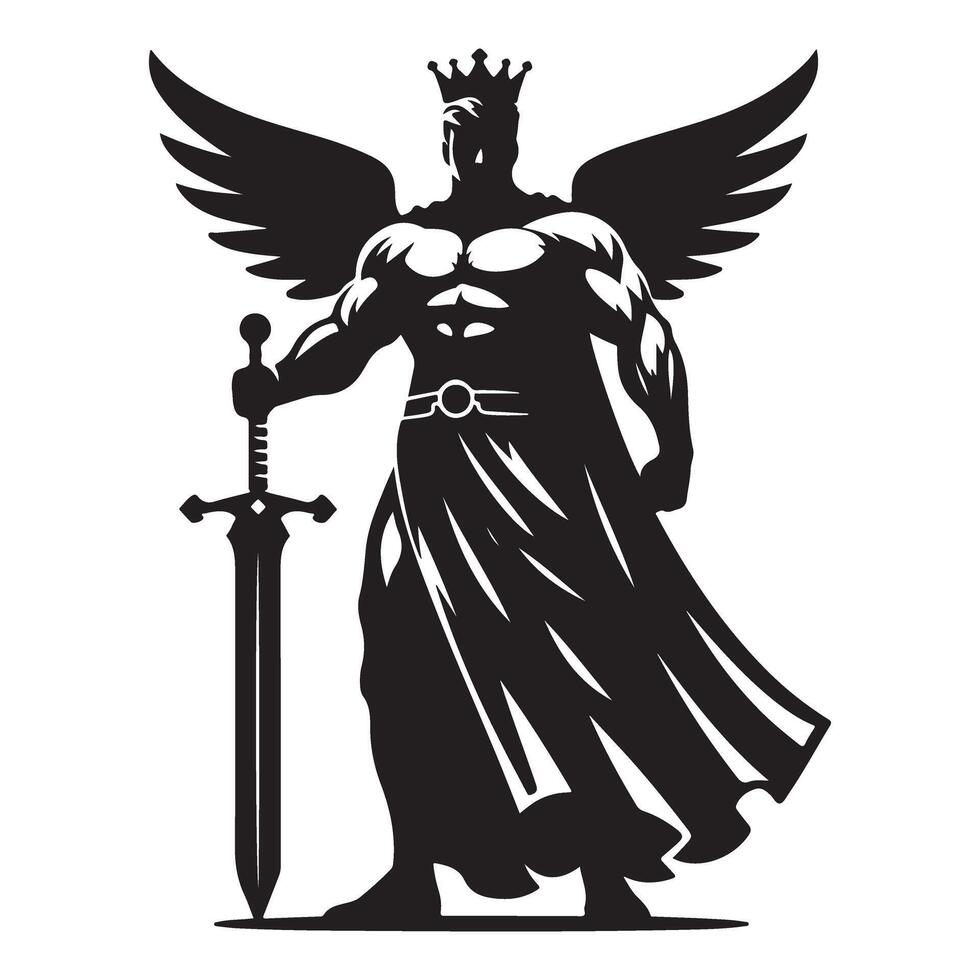 Warrior Angel Silhouette Art with Sword and Wings vector