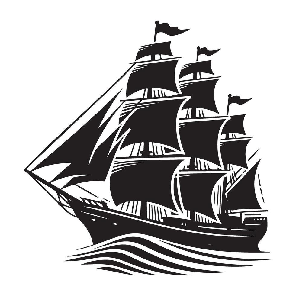 Detailed Sailing Ship Silhouette Graphic Navigating the Waves Art vector