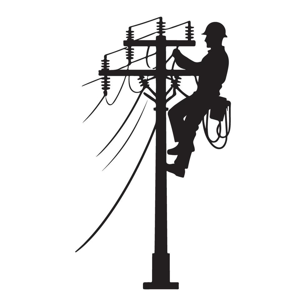 Lineman Silhouette Working on Power Pole Illustration vector