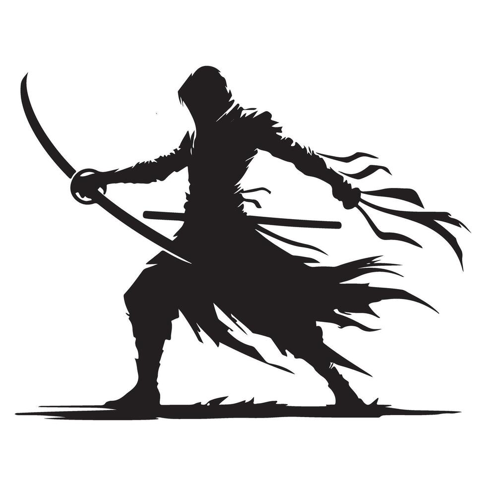 Silhouette Ninja Warrior Illustration with Katana Sword Fighting Pose vector