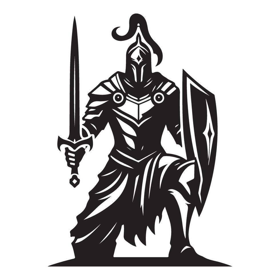 Silhouette of medieval knight ready for war illustration warrior vector