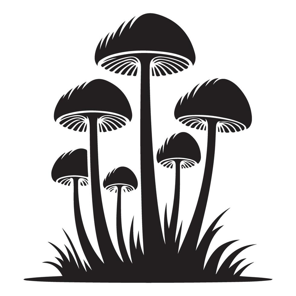 Silhouette Mushroom Cluster Illustration Graphic with Grass Design vector