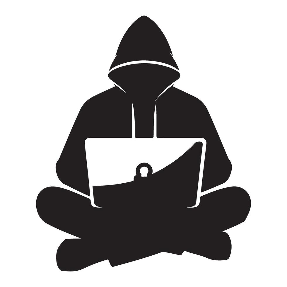 Silhouette of Anonymous Hacker with Laptop for Cybersecurity Protection vector