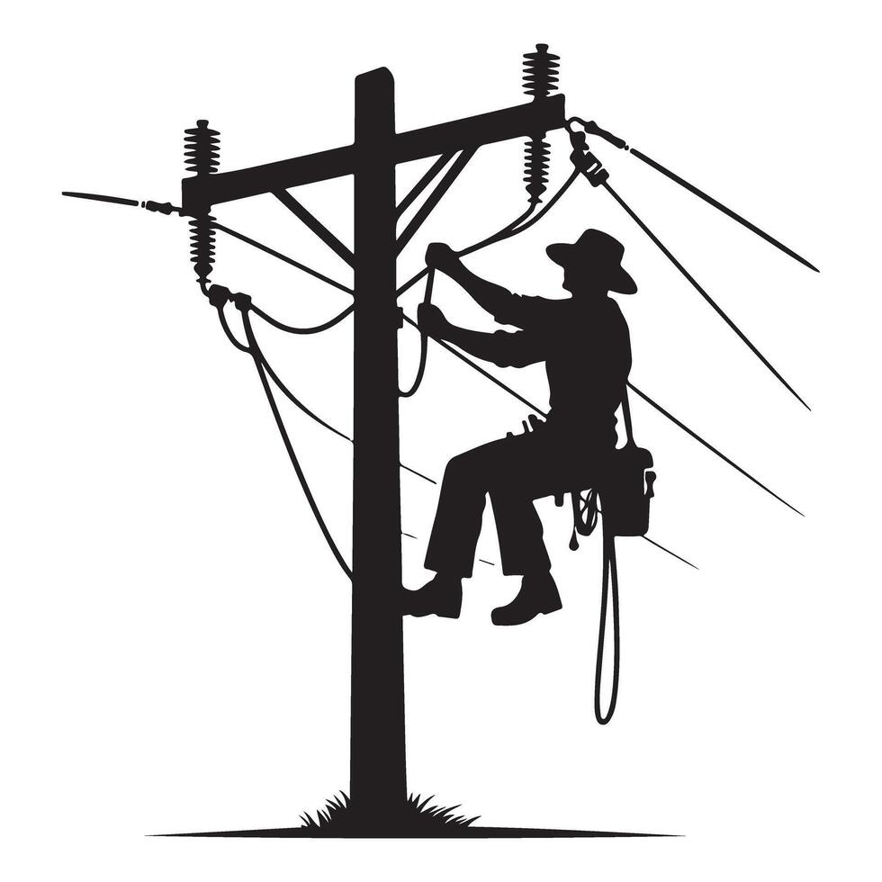 Lineman Silhouette Working On Utility Pole Illustration art vector