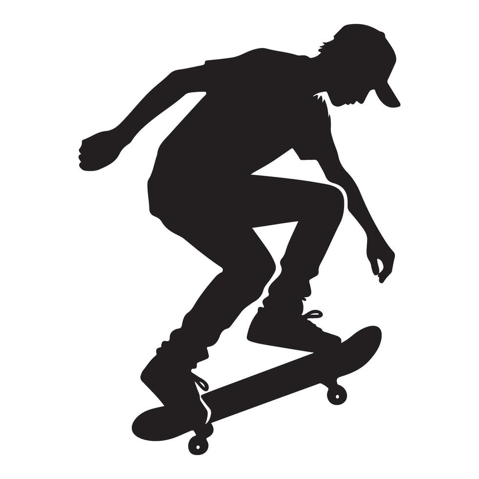 Silhouette of skateboarder performing a trick in mid air action vector