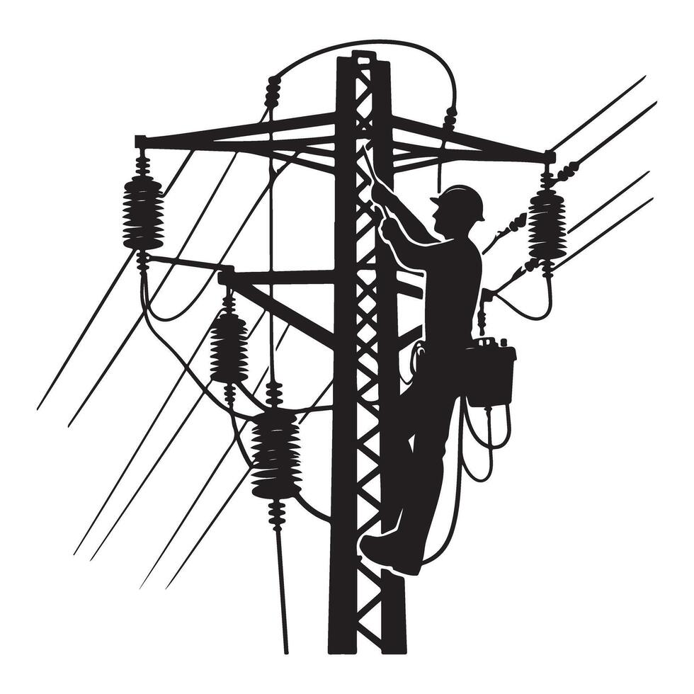 Silhouette of Electrician Climbing Power Pole Installing Wires Service vector