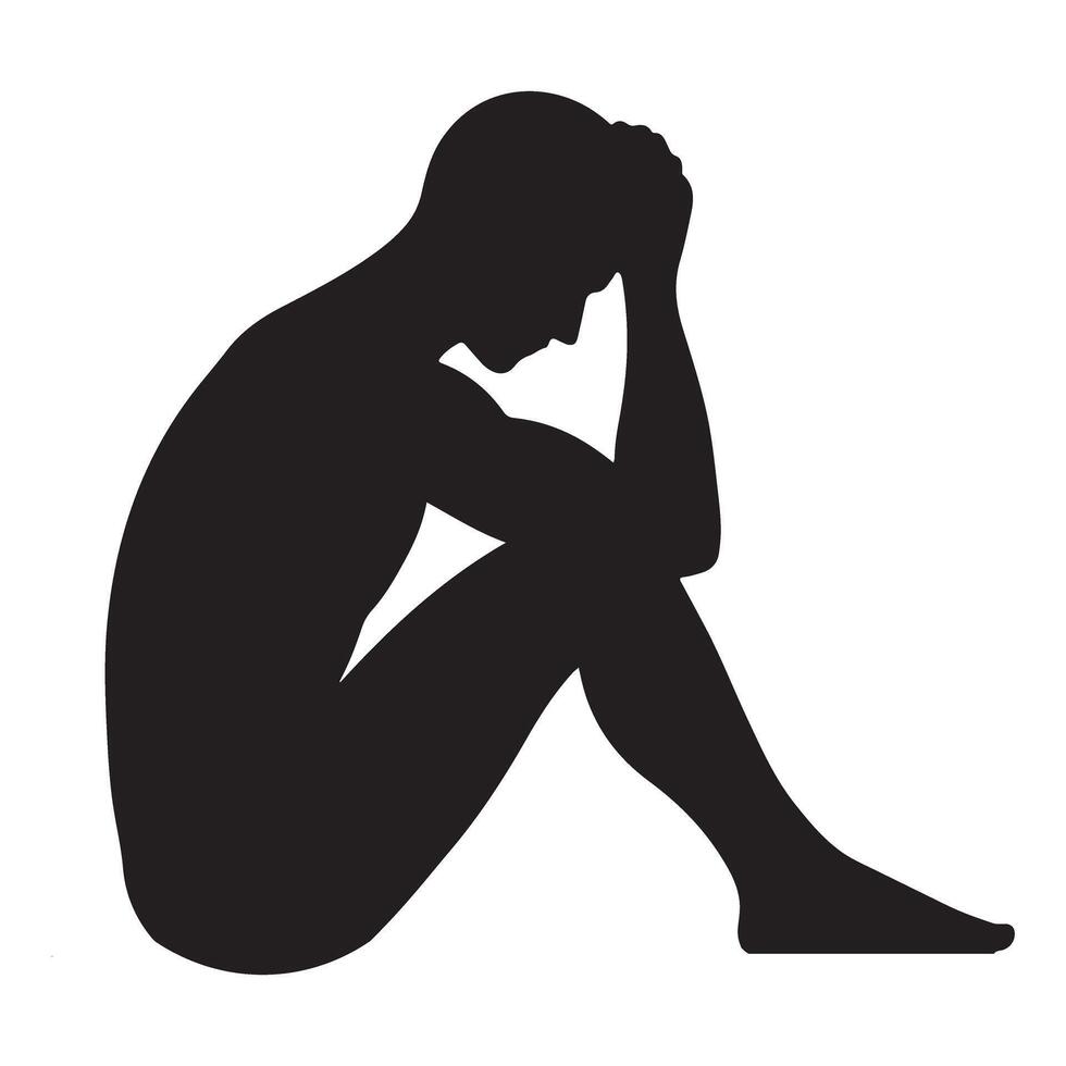 Silhouette of a Sad Man Sitting Head in Hands Illustration vector