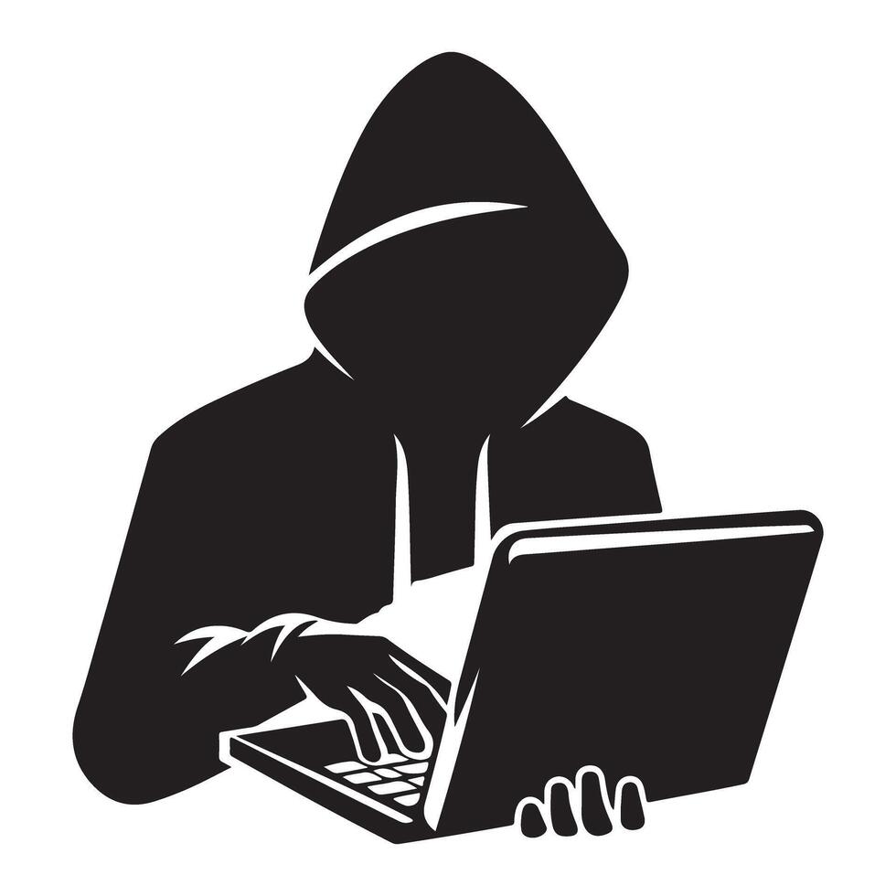 Anonymous Hacker Silhouette with Laptop Security Threat Art vector