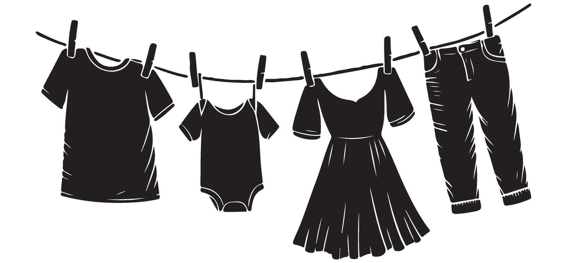 Clothesline Silhouette Graphic Hanging Garments and Apparel Items vector