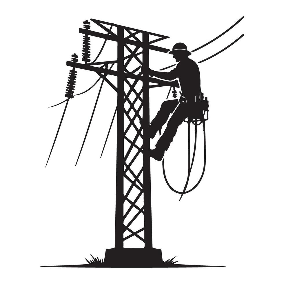 Silhouette electrician working high voltage transmission power lines vector