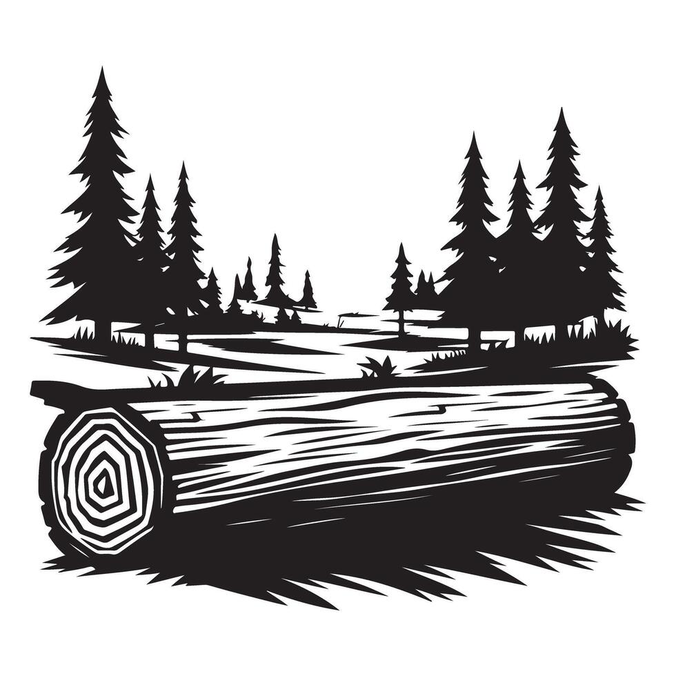 Tranquil Forest Log Black and White Nature Scene Illustration vector