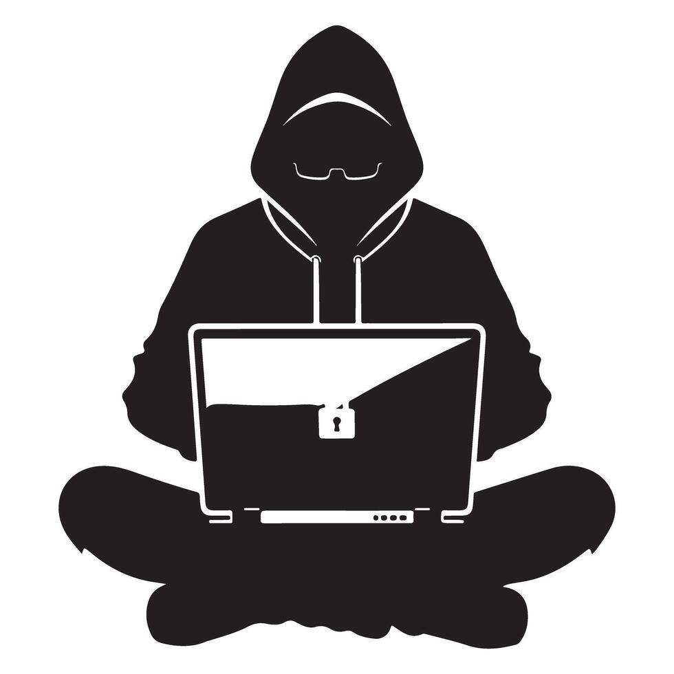 Hacker Silhouette Illustration with Laptop for Security Awareness vector