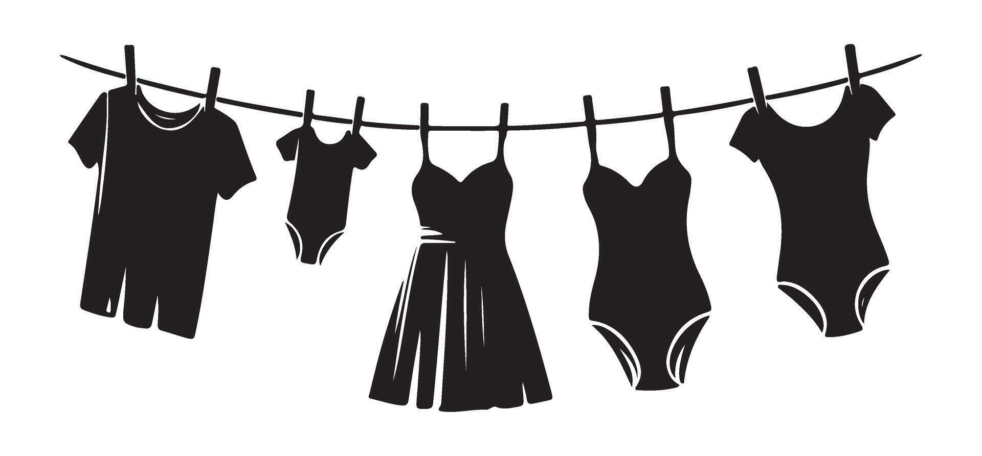 Silhouette Various Garments Hanging on a Clothesline Illustration vector