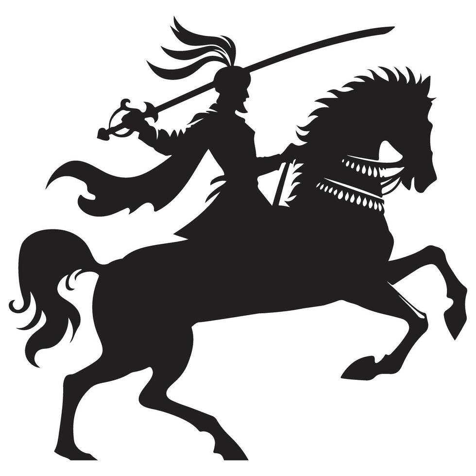 Black Knight Horseman Silhouette Illustration with Sword Raised vector