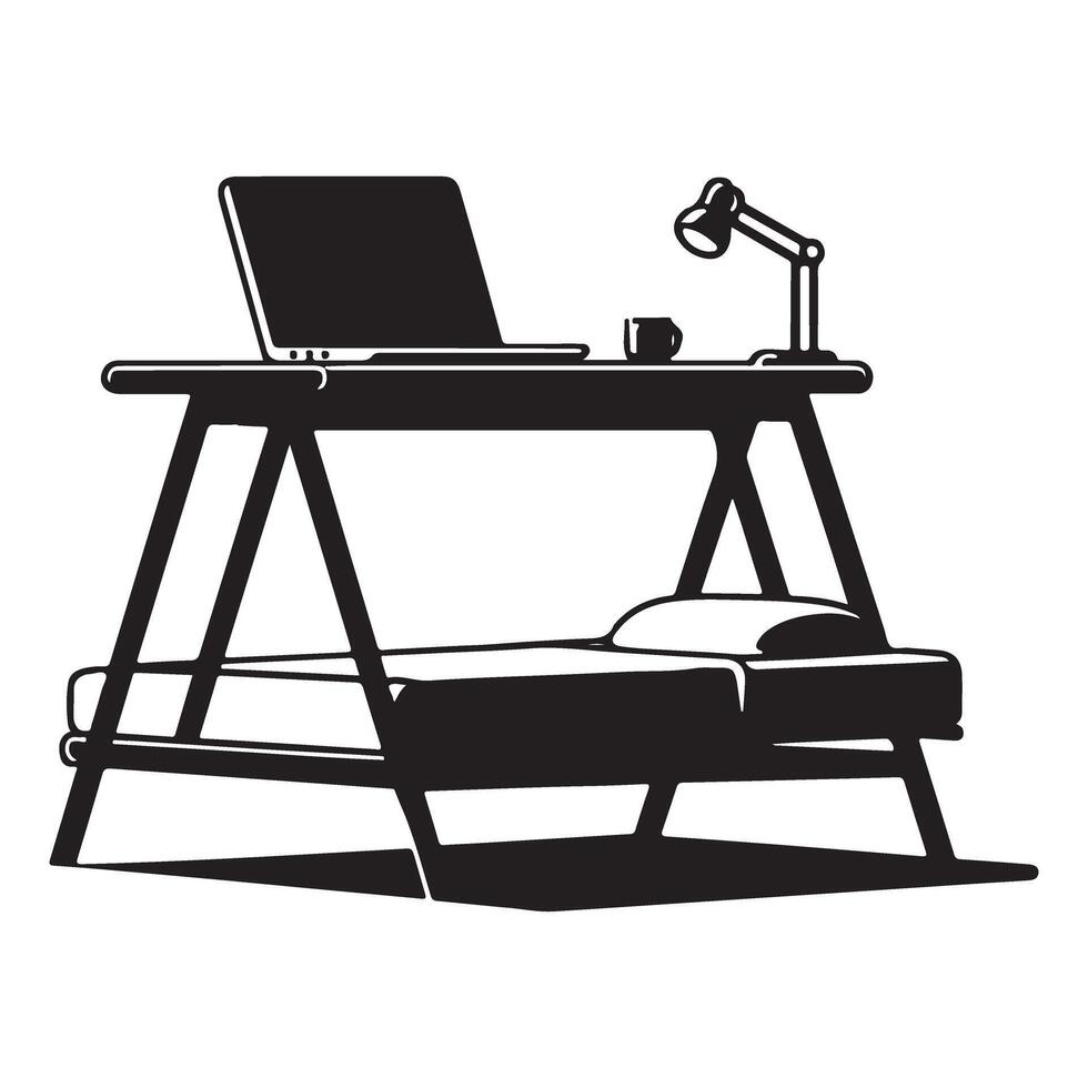 Silhouette of desk and bed combination for modern workspace vector
