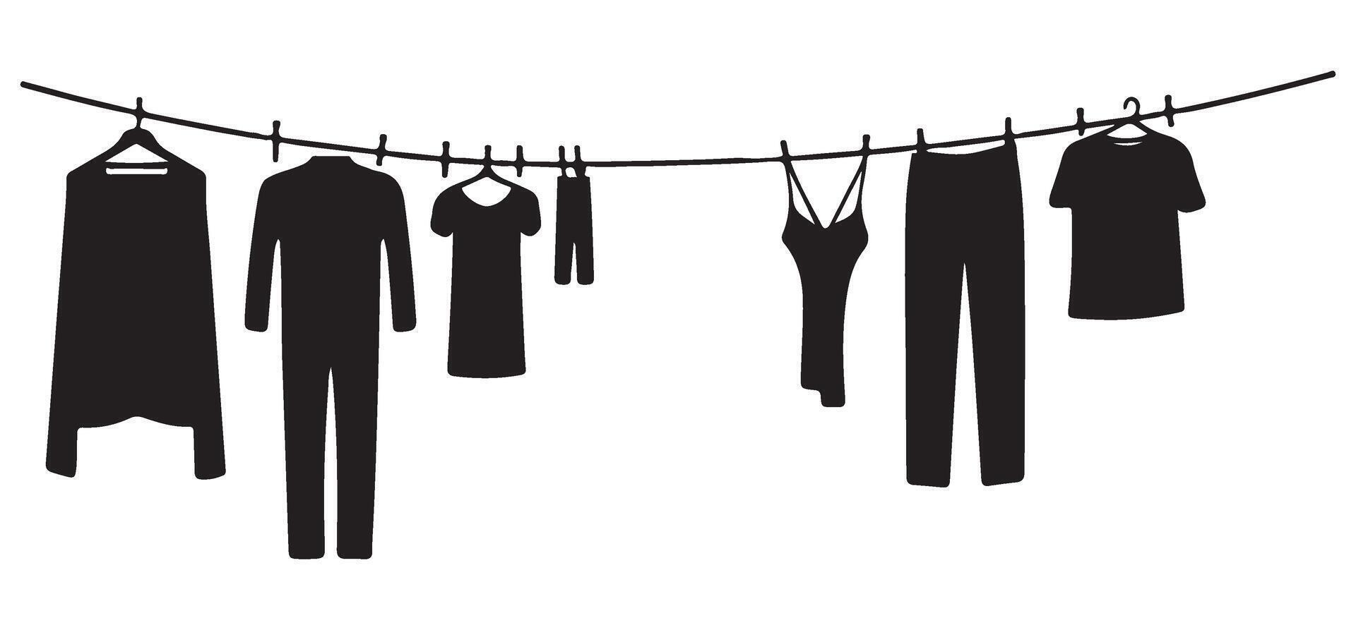 Silhouette illustration of clothesline with hanging laundry items vector