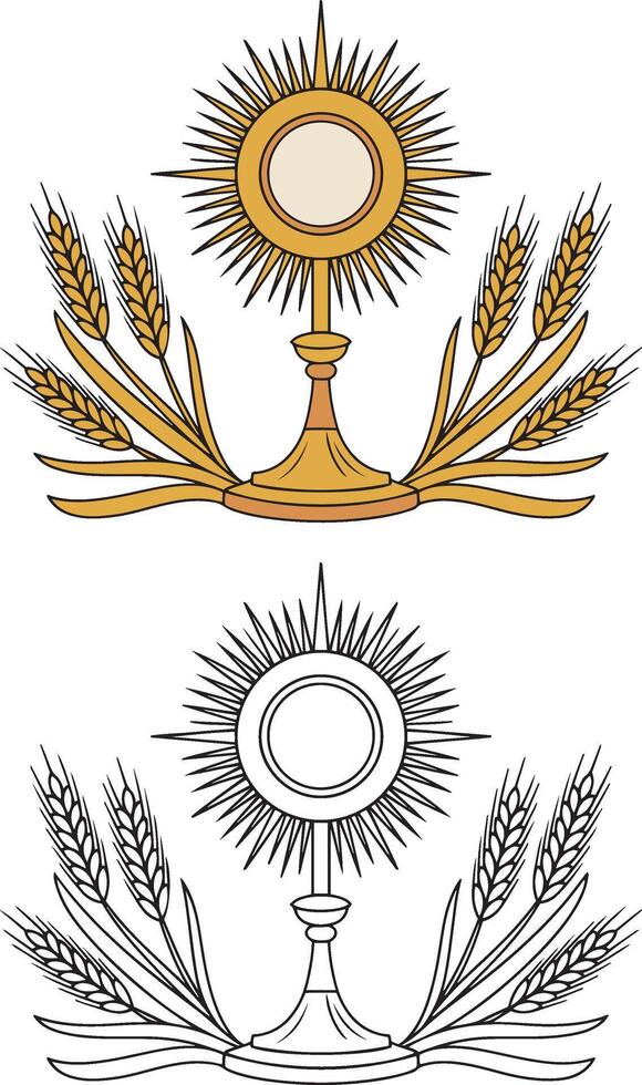 Catholic Monstrance with Wheat Ears Eucharist Religious Flat color and line art illustrations. vector