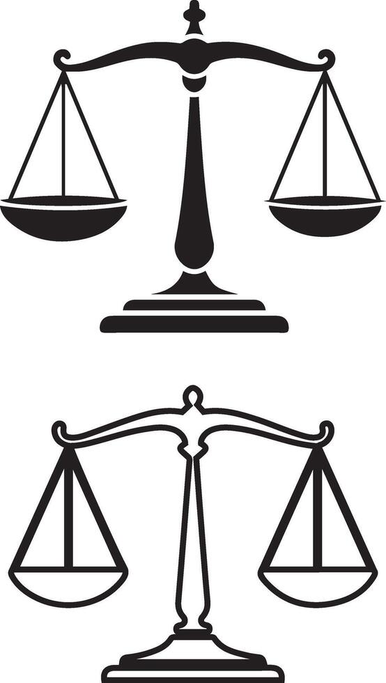 Two Black and White Justice Scales Silhouette Line art Icons Graphics vector