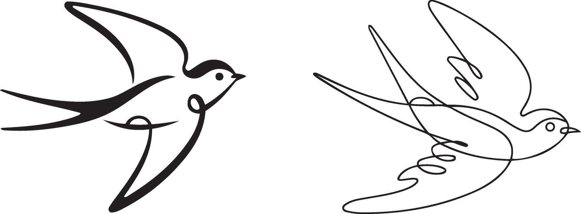 A minimalist, line drawing of two birds soaring in the sky. vector