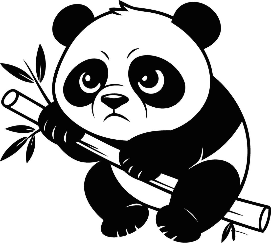 A black and white silhouette cartoon illustration of a panda cub with a sad expression. vector
