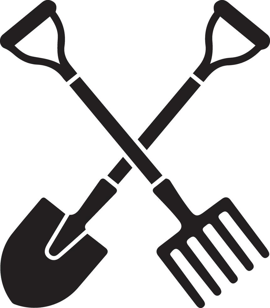 Simple black and white silhouette of a shovel and a rake crossed. vector