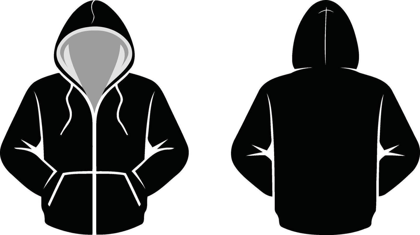 Black Zip Up Hoodie Silhouette flat Design Front and Back View vector